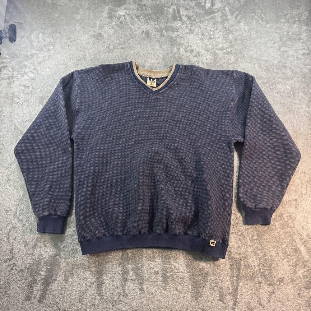 Vintage Russell Athletic Sweater Mens Large Blue Thermal V Neck Pullover USA